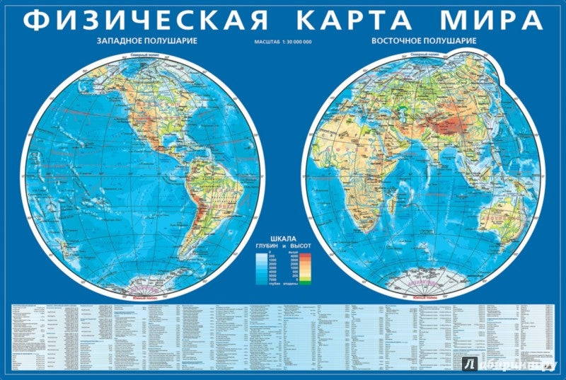 Физическая карта мира. Карта полушарий. Мелов.карт