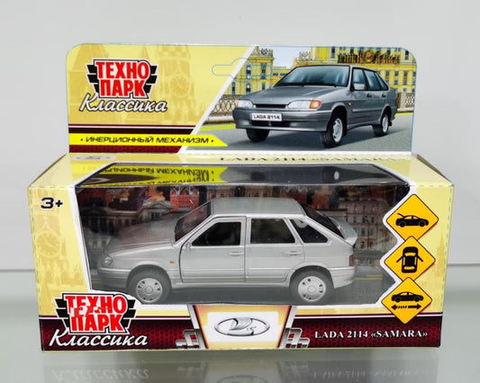 Машина металл LADA-2114 "SAMARA" 12 см, двери, багаж, инерц, серебрист, кор. Технопарк в кор.2*36шт