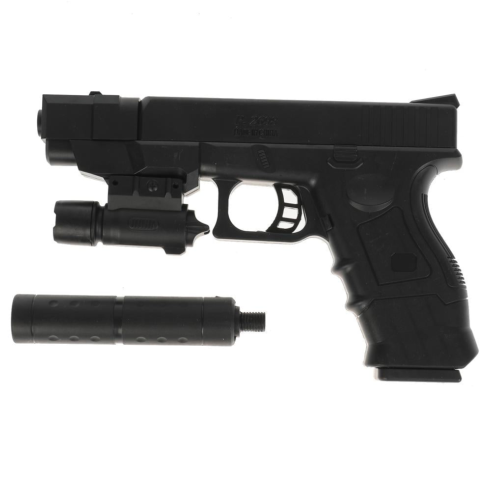 Пистолет (п) с лазер. прицелом, с глушителем, с пульками P2698 в пак. в кор.2*72шт