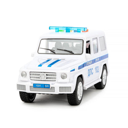 Машина пластик свет-звук MERCEDES-BENZ G-CLASS ПОЛИЦИЯ 22 см, дв, баг, кор. Технопарк в кор.2*18шт