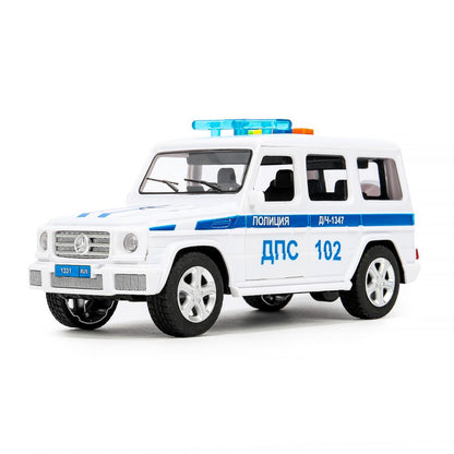 Машина пластик свет-звук MERCEDES-BENZ G-CLASS ПОЛИЦИЯ 22 см, дв, баг, кор. Технопарк в кор.2*18шт