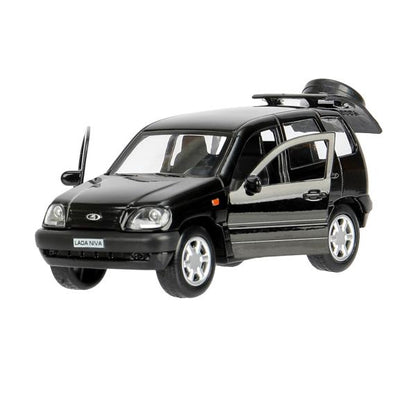 Машина металл LADA NIVA длина 12 см, двери, багаж, инерц, черный, кор. Технопарк в кор.2*36шт