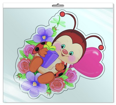 *ФМ-9333 ПЛАКАТ ВЫРУБНОЙ А4 В ПАКЕТЕ. Божья коровка с сердцем (с блестками в индивидивидуальной упаковке с европодвесом и клеевым клапаном)