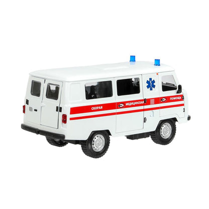 Machine en métal pour le véhicule UAZ УАЗ 452 СКОРАЯ, 18,5 см, св-зв,дв,люк,баг,ин,бел Технопарк в кор.2*18шт