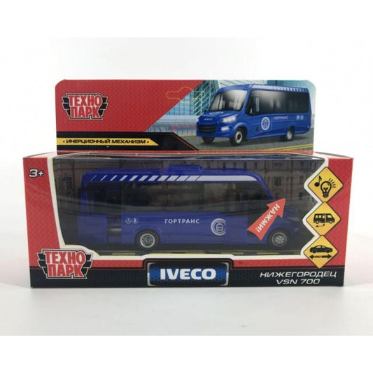 Машина металл свет-звук АВТОБУС IVECO DAILY 15 см, двери, СИНИЙ, инерц, кор. Технопарк в кор.2*36шт
