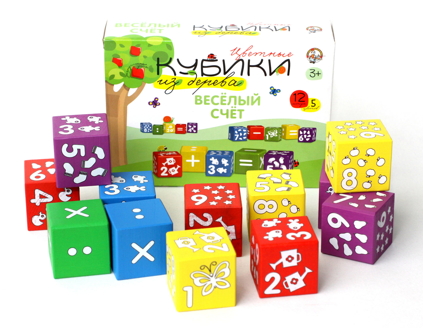 Деревянные кубики "Веселый счет"(Набор деревянных кубиков . 12 штук 5 цветов с закругленными углами. Белые знаки, цифры et des prévisions pour куб разноцветных