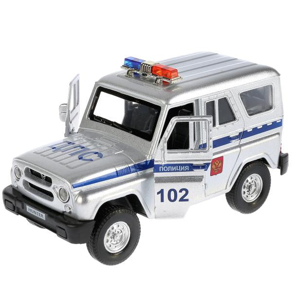 ТМ Технопарк. Machine en métal "UAZ HUNTER ПОЛИЦИЯ" 12 cm, sвет+звук, открыв. двери, инерц. dans le cor.2*36шт