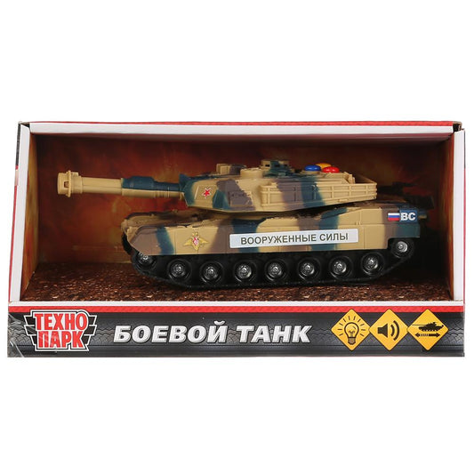 Machine à battre. свет+звук "БОЕВОЙ ТАНК", длина 14,5см, пластик, инерц. dans le cor. Parc technologique dans le cor.2*36шт