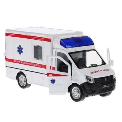 Машина металл свет-звук ГАЗЕЛЬ NEXT СКОРАЯ 15 см, двер, инерц, бел, кор. Parc technologique dans le cor.2*32шт