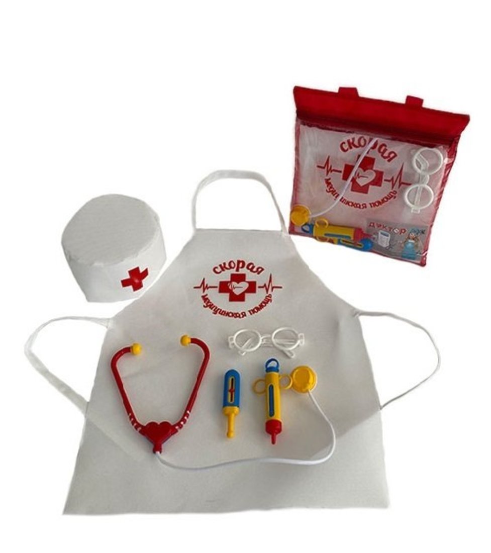 Mega Toys. Набор "Доктор" арт.МТ0303 (6 пр.:фартук,шапка,очки,градусник,шприц,стетоскоп) в сумочке