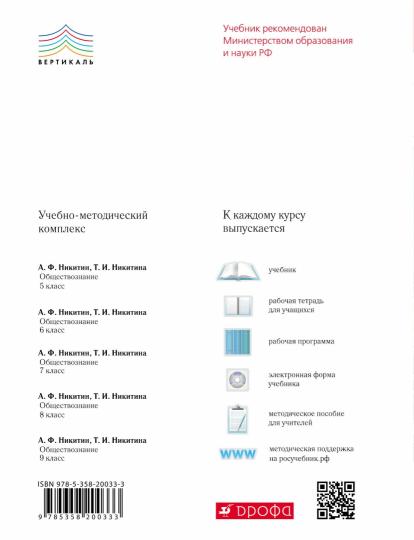 Никитин. Обществознание. 6 кл. Р/т. ВЕРТИКАЛЬ. Тестовые задания ЕГЭ. (ФГОС).
