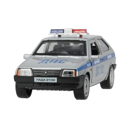 Машина металл LADA-2108 "СПУТНИК" ПОЛИЦИЯ 12 см, двери, багаж, кор. Технопарк в кор.2*36шт