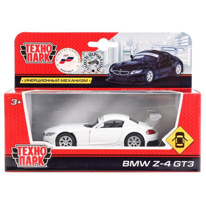 МАШИНА "ТЕХНОПАРК" МЕТАЛЛ. ИНЕРЦ. BMW Z-4 GT3, 1:38, ОТКРЫВ. ДВЕРИ В РУСС. КОР. в кор.2*36шт