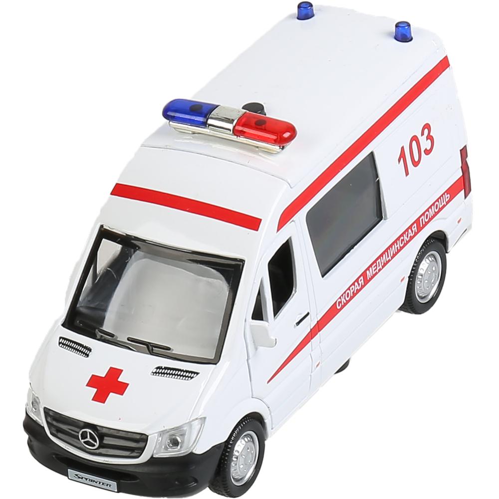 Машина металл свет-звук MERCEDES-BENZ SPRINTER СКОРАЯ 14 см, двер, бел, кор. Технопарк в кор.2*32шт