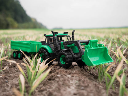 Tracteur "Прогресс" avec бортовым прицепом и ковшом, инерционный (зелёный) (в коробке)