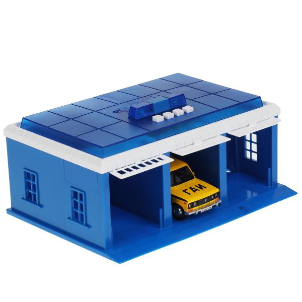 GARAGE-22SL1XCAR-POL2 343261 Игрушка пластик свет-звук ПОСТ ГАИ длин 22 см, ворота, ВАЗ-2106, СИНИЙ,