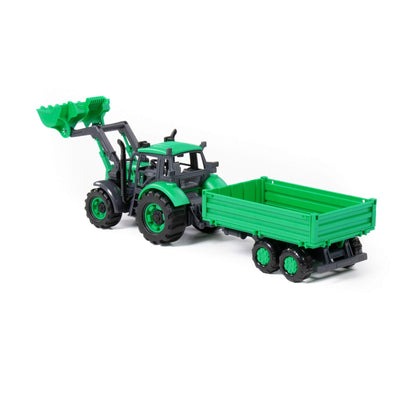 Tracteur "Прогресс" avec бортовым прицепом и ковшом, инерционный (зелёный) (в коробке)
