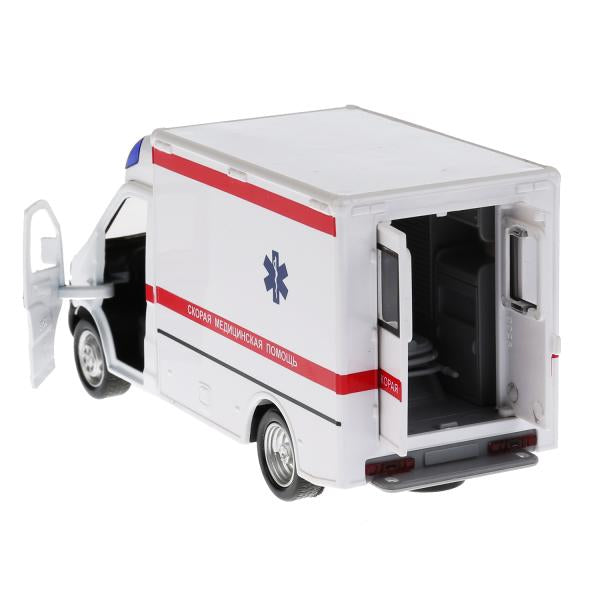 Машина металл свет-звук ГАЗЕЛЬ NEXT СКОРАЯ 15 см, двер, инерц, бел, кор. Parc technologique dans le cor.2*32шт