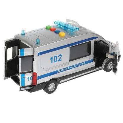 Машина пластик свет-звук FORD TRANSIT ПОЛИЦИЯ 22,5 см, двери, серебр, кор. Технопарк в кор.2*18шт