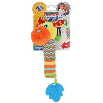 Текстильная игрушка пищалка с погремушкой "веселый жирафик" на карт. в пак. Умка в кор.240шт