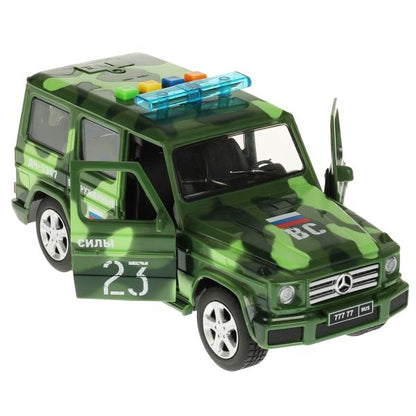Машина пластик свет-звук MERCEDES-BENZ G-CLASS КАМУФЛЯЖ 22 см, дв, баг, кор. Технопарк в кор.2*18шт