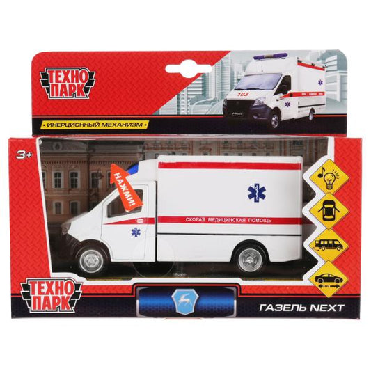 Машина металл свет-звук ГАЗЕЛЬ NEXT СКОРАЯ 15 см, двер, инерц, бел, кор. Parc technologique dans le cor.2*32шт