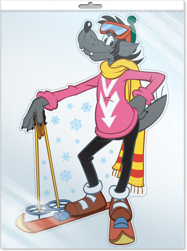 *Ф2-12205-П ПЛАКАТ ВЫРУБНОЙ А3 В ПАКЕТЕ. Волк с лыжами из мультфильма Ну погоди! (с блестками в индивидивидуальной упаковке с европодвесом и клеевым клапаном)