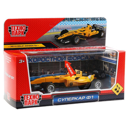 F1-14RE-S 297503 Машина металл "Суперкар Ф-1", длина 14см, звук, желтый, в русс. кор. Технопарк в