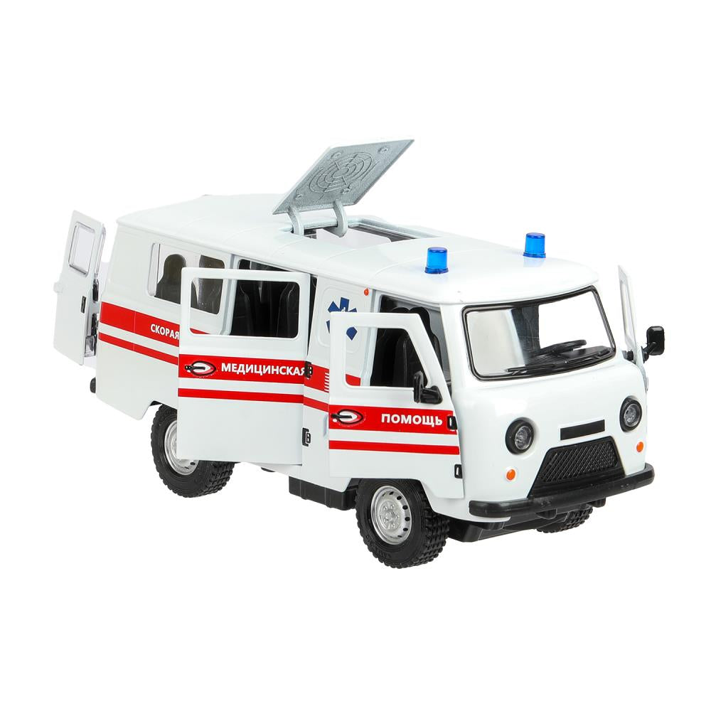 Machine en métal pour le véhicule UAZ УАЗ 452 СКОРАЯ, 18,5 см, св-зв,дв,люк,баг,ин,бел Технопарк в кор.2*18шт