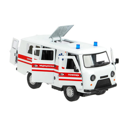 Machine en métal pour le véhicule UAZ УАЗ 452 СКОРАЯ, 18,5 см, св-зв,дв,люк,баг,ин,бел Технопарк в кор.2*18шт