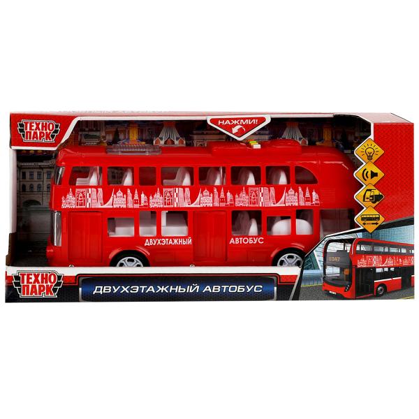 2011B010-R341008 Модель пластик свет-звук ДВУХЭТАЖНЫЙ АВТОБУС, 25 см, двери, инерция, кор. Технопар