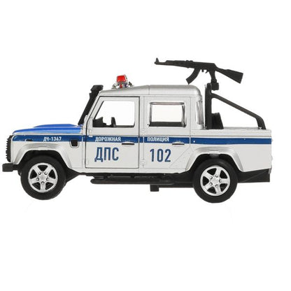 Машина металл LAND ROVER DEFENDER PICKUP ПОЛИЦИЯ 12 см, двери, багажн, кор. Технопарк в кор.2*36шт