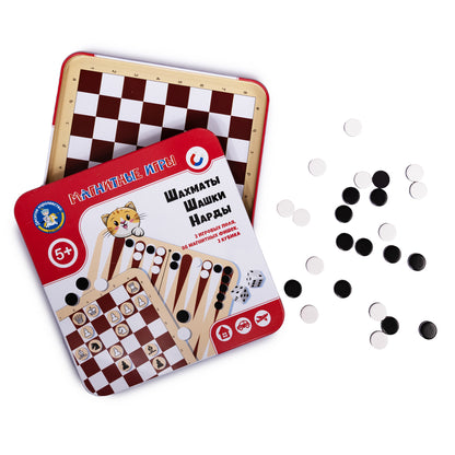 Игра магнитная в жестяной коробочке "Шахматы, шашки, нарды"