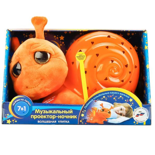 МЯГКАЯ ИГРУШКА "МУЛЬТИ-ПУЛЬТИ" ПРОЕКТОР-НОЧНИК УЛИТКА, СВЕТ+ЗВУК, 7 КОЛЫБЕЛЬНЫХ В КОР. в кор.6шт