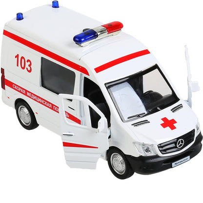 Машина металл свет-звук MERCEDES-BENZ SPRINTER СКОРАЯ 14 см, двер, бел, кор. Технопарк в кор.2*32шт