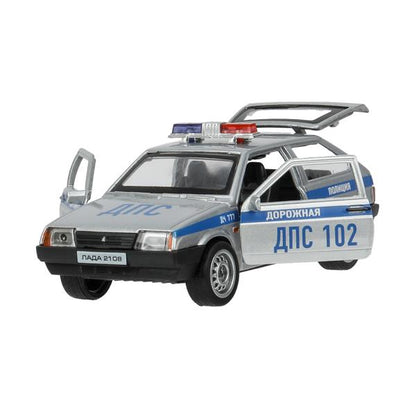 Машина металл LADA-2108 "СПУТНИК" ПОЛИЦИЯ 12 см, двери, багаж, кор. Технопарк в кор.2*36шт