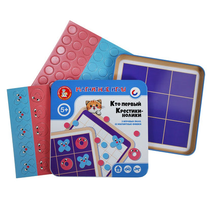 Настольная игра магнитная в жестяной коробочке Кто первый Крестики нолики