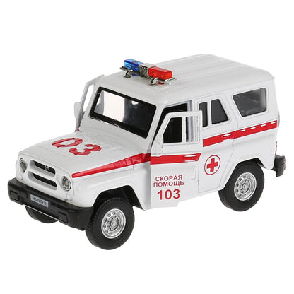 Машина металл свет-звук "UAZ HUNTER СКОРАЯ" 12см, открыв. двери, инерц. в кор.Технопарк в кор.2*36шт