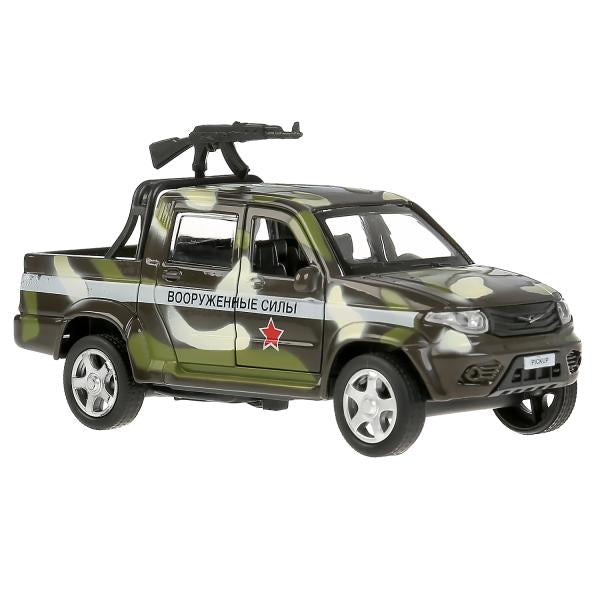 Машина металл "uaz pickup военный с пулеметом" 12см, откр.двери, инерц. в кор. Технопарк в кор2*36шт