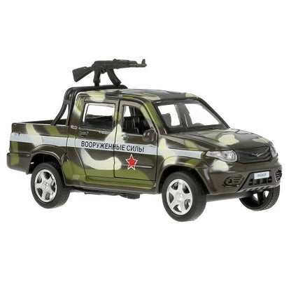 Машина металл "uaz pickup военный с пулеметом" 12см, откр.двери, инерц. в кор. Технопарк в кор2*36шт