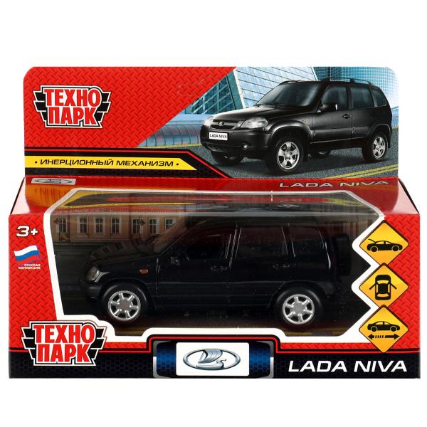 Машина металл LADA NIVA длина 12 см, двери, багаж, инерц, черный, кор. Технопарк в кор.2*36шт