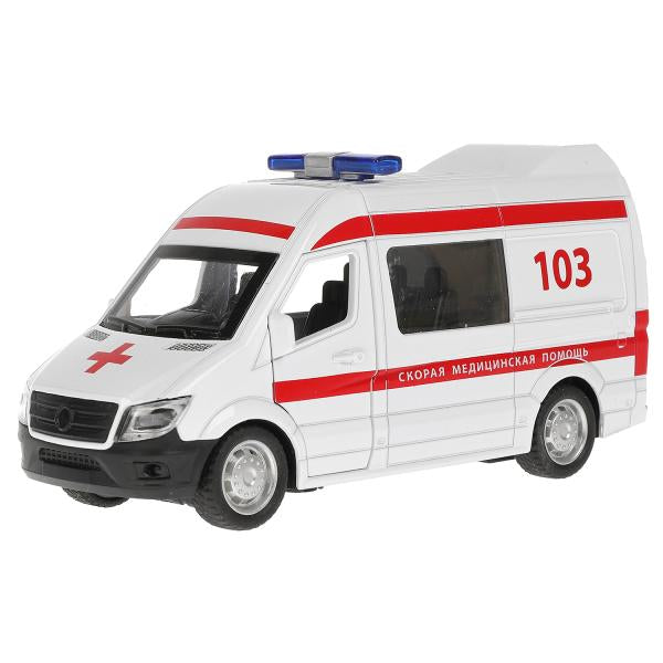 Машина металл свет-звук СКОРАЯ ПОМОЩЬ 14,5см, двери, багаж, инерц, бел, кор. ТЕХНОПАРК в кор.2*36шт