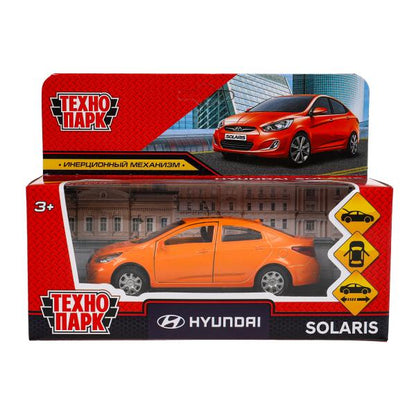 Машина металл HYUNDAI SOLARIS, 12 см, двери, багажн, инерц, оранжевый, кор. Технопарк в кор.2*36шт
