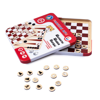 Игра магнитная в жестяной коробочке "Шахматы, шашки, нарды"