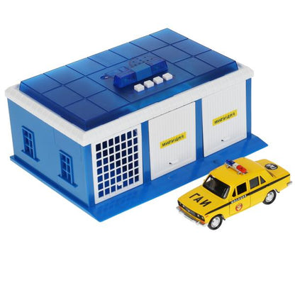 GARAGE-22SL1XCAR-POL2 343261 Игрушка пластик свет-звук ПОСТ ГАИ длин 22 см, ворота, ВАЗ-2106, СИНИЙ,