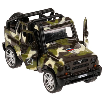 Машина металл свет-звук UAZ HUNTER beach воен., 11,5 см, двер,баг.,ин.,кор. Технопарк в кор.2*36шт