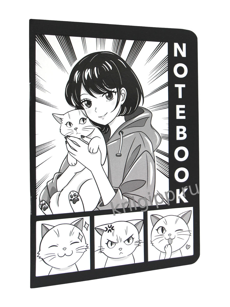 Mon Art. БЛОКНОТ в клетку Аниме Монохром. Девочка с котиком