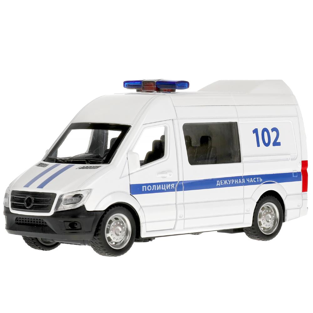 Машина металл свет-звук ПОЛИЦИЯ 14,5 см, двери, багаж, инерц, бел, кор. ТЕХНОПАРК в кор.2*36шт