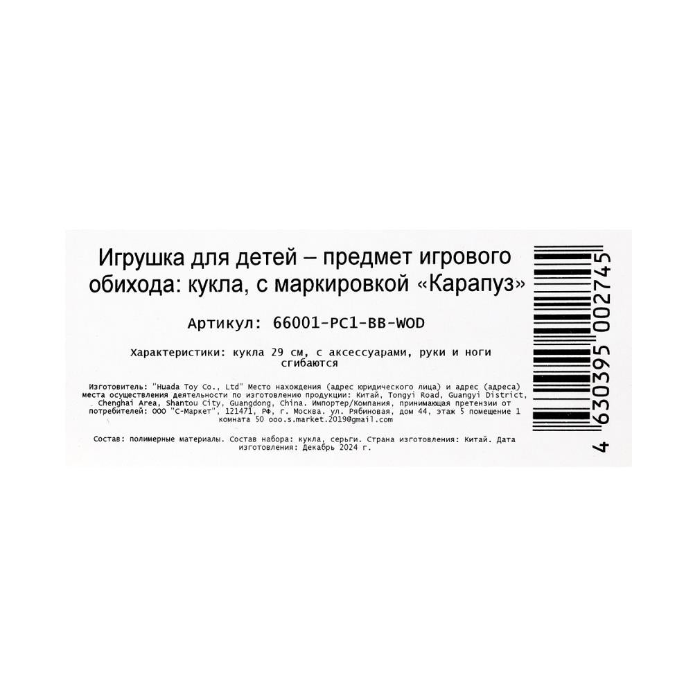 Кукла 29см София, руки и ноги сгиб., акс, кор КАРАПУЗ в кор.24шт