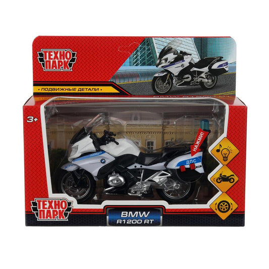 Модель металл свет-звук МОТОЦИКЛ BMW R1200 RT 13 см, подвиж дет, белый, кор. Технопарк в кор.2*24шт